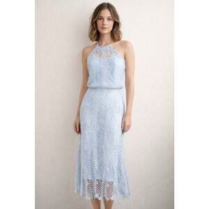 BOOHOO NWT Boutique Hedrig Crochet Midi Dress Blue Lace Sz L Easter Fairy FEME